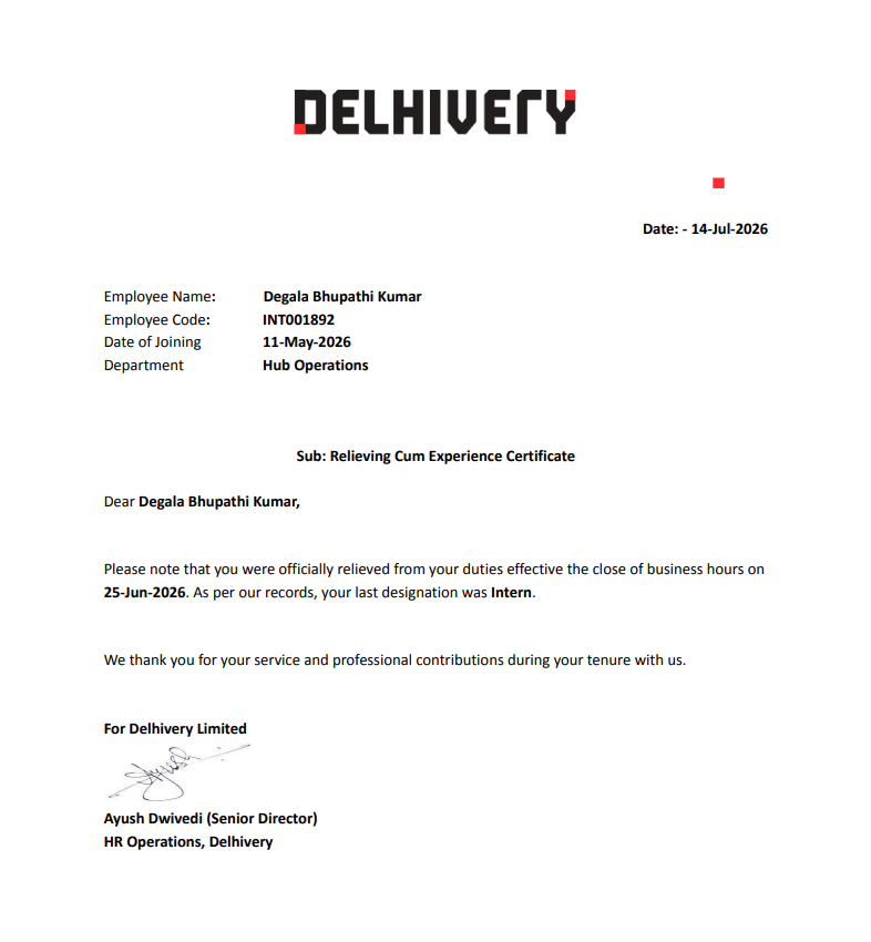 Delhivery Internship Certificate